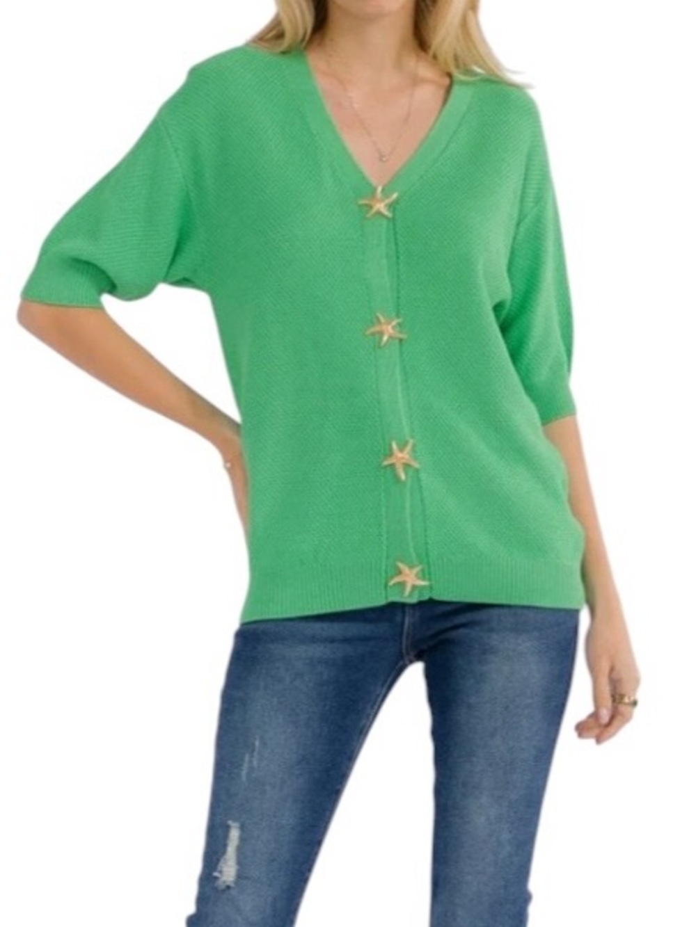Starfish Snap Closure Short Sleeve Cardigan Blouse